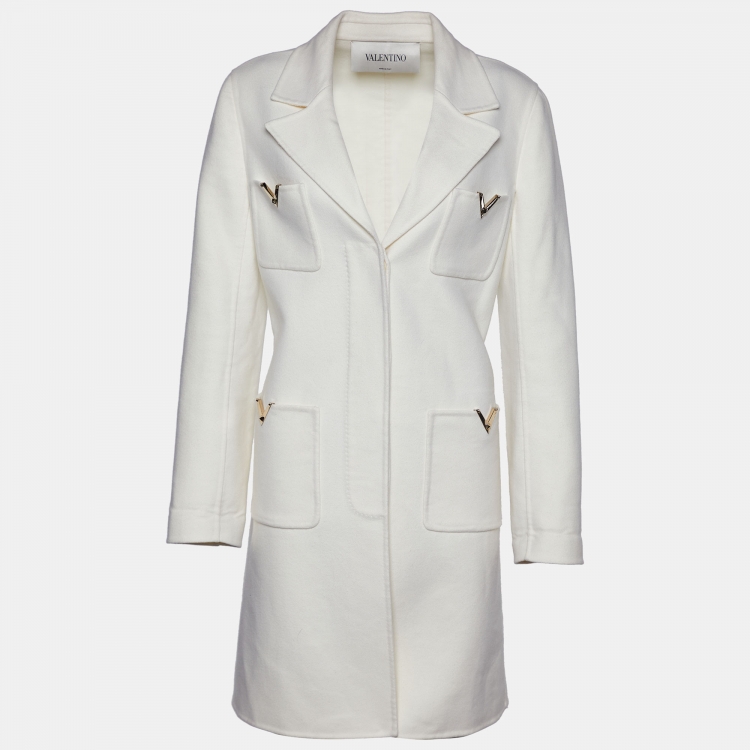 Pre Owned Valentino Ivory White Wool & Angora Button Front Coat M