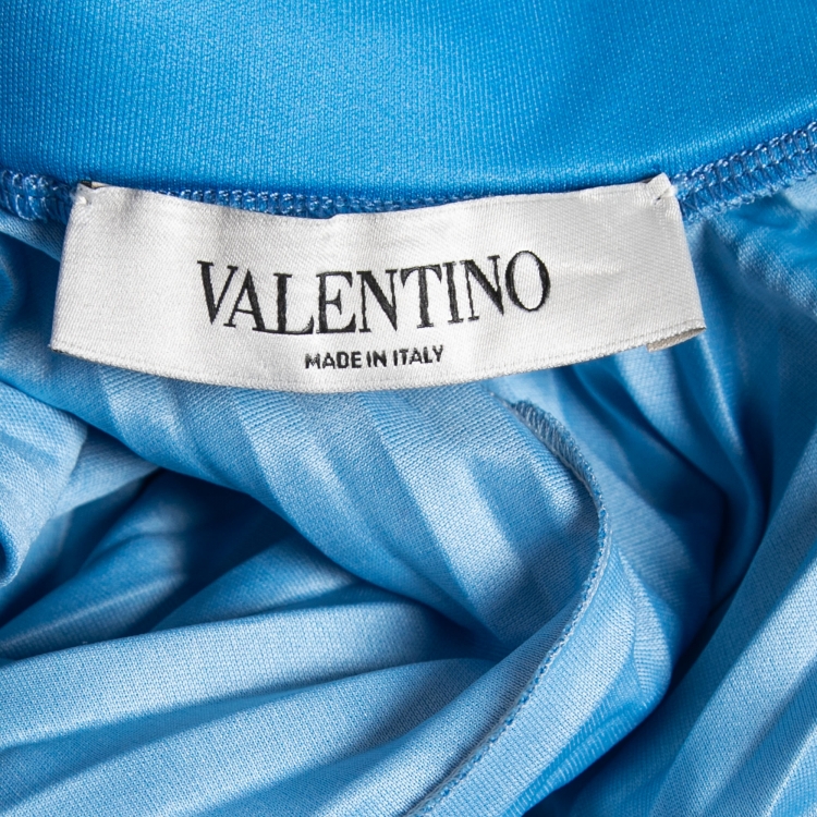Pre Owned Valentino Blue Plisse Chevron Logo Print Midi Skirt S