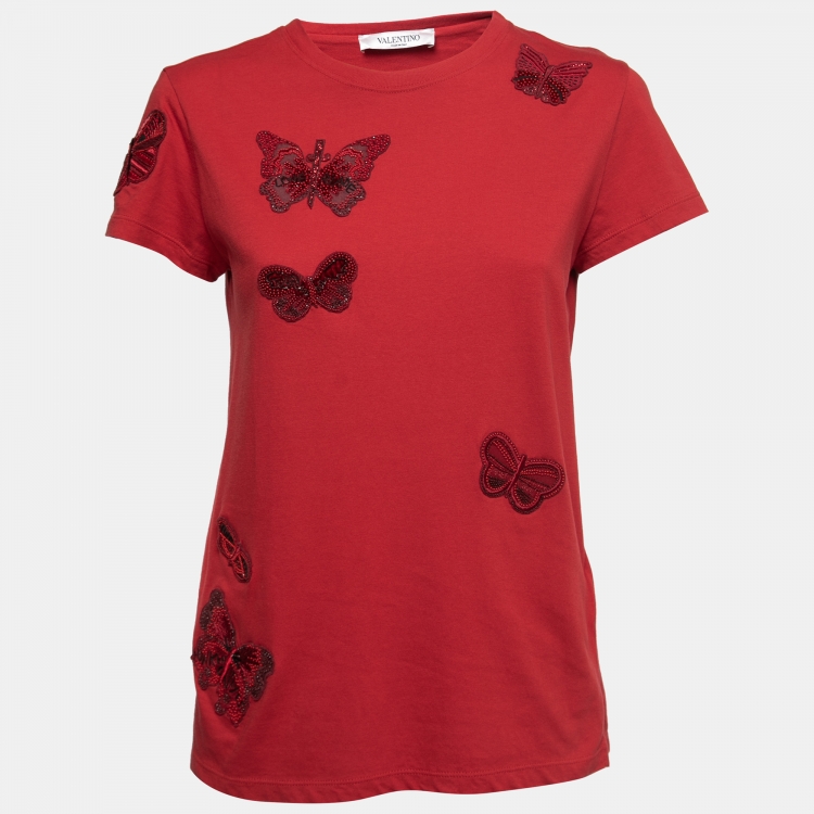 Pre Owned Valentino Red Jersey Butterfly Appliqué T-Shirt S