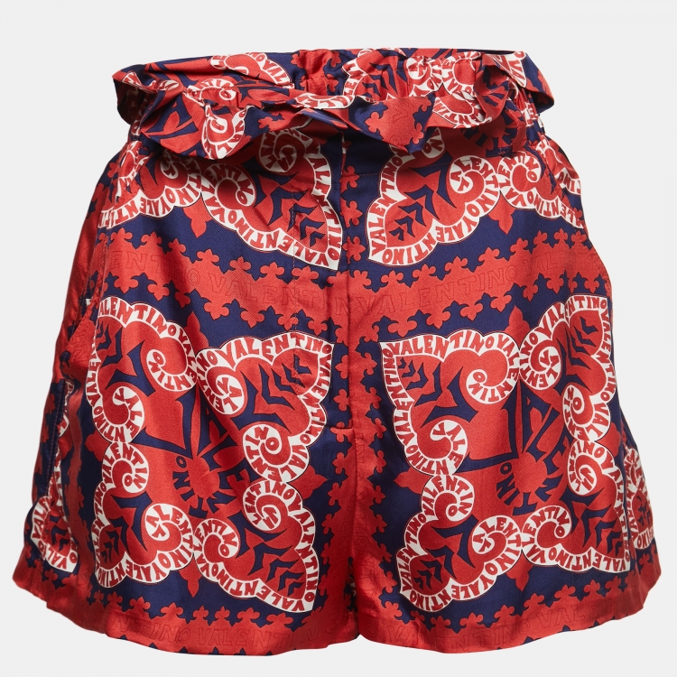 Pre Owned Valentino Red Bandana Print Silk High Waist Shorts M