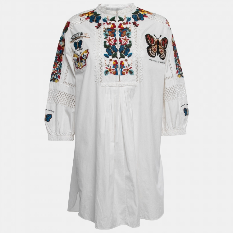 Pre Owned Valentino White Cotton Butterfly Embroidered Tunic Dress M