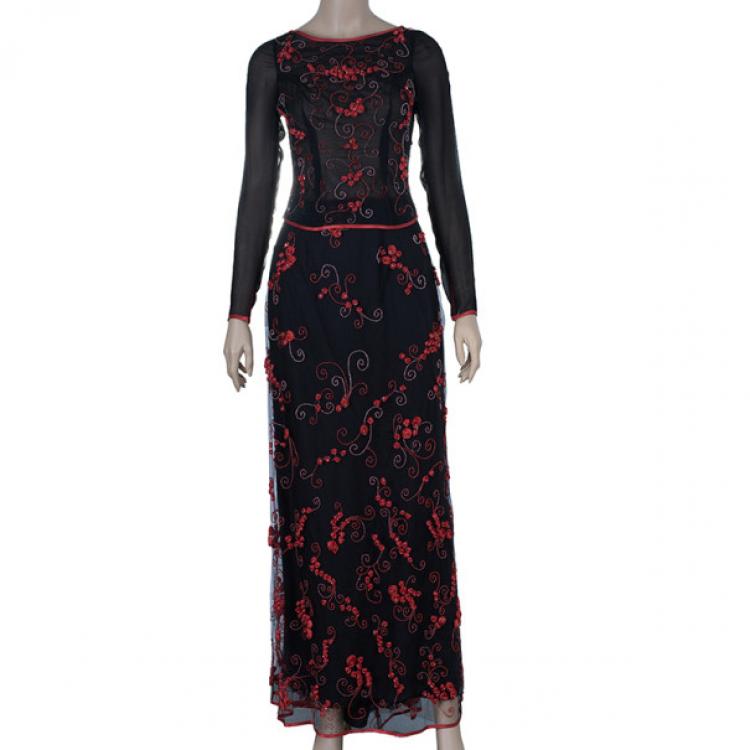 Pre Owned Valentino Black/Red Embellished Top And Skirt Set M