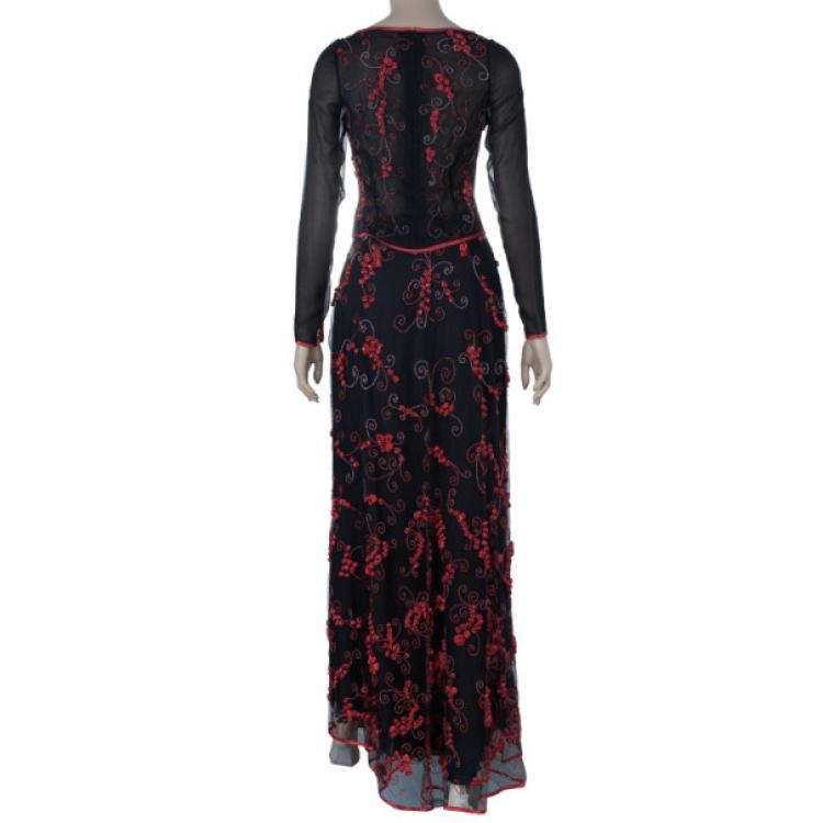 Pre Owned Valentino Black/Red Embellished Top And Skirt Set M