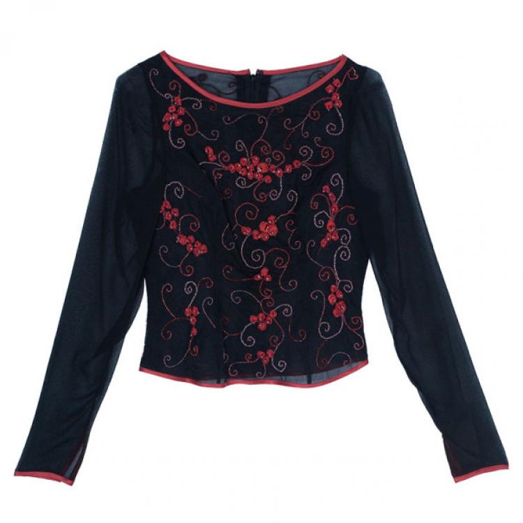 Pre Owned Valentino Black/Red Embellished Top And Skirt Set M