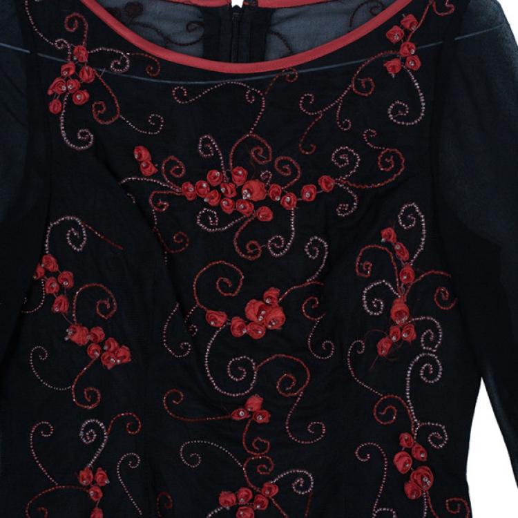 Pre Owned Valentino Black/Red Embellished Top And Skirt Set M