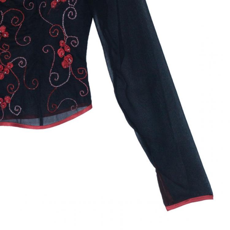 Pre Owned Valentino Black/Red Embellished Top And Skirt Set M