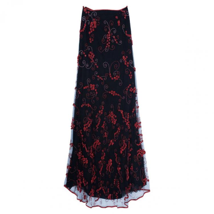 Pre Owned Valentino Black/Red Embellished Top And Skirt Set M