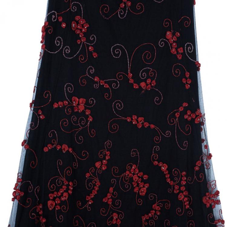 Pre Owned Valentino Black/Red Embellished Top And Skirt Set M