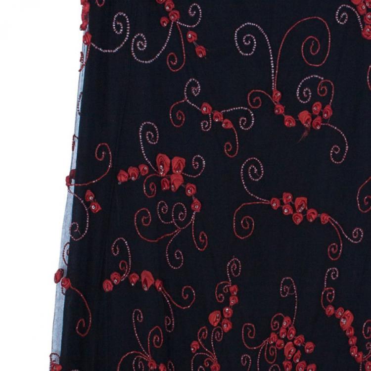 Pre Owned Valentino Black/Red Embellished Top And Skirt Set M