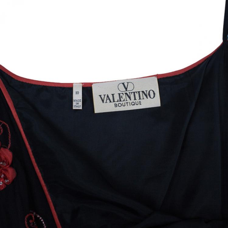 Pre Owned Valentino Black/Red Embellished Top And Skirt Set M