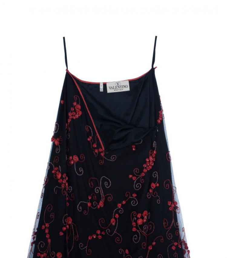 Pre Owned Valentino Black/Red Embellished Top And Skirt Set M