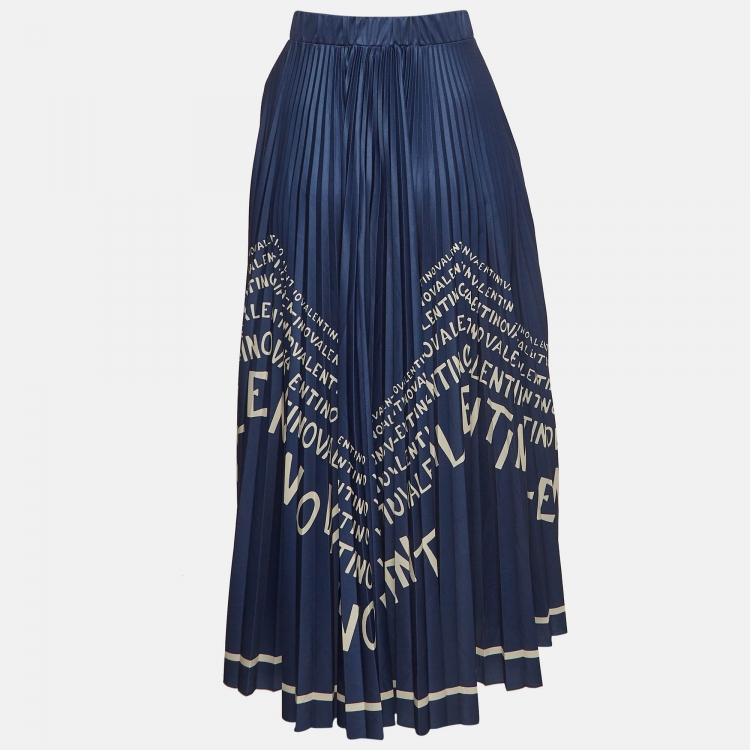 Pre Owned Valentino Navy Blue Logo Print Jersey Plisse Midi Skirt M