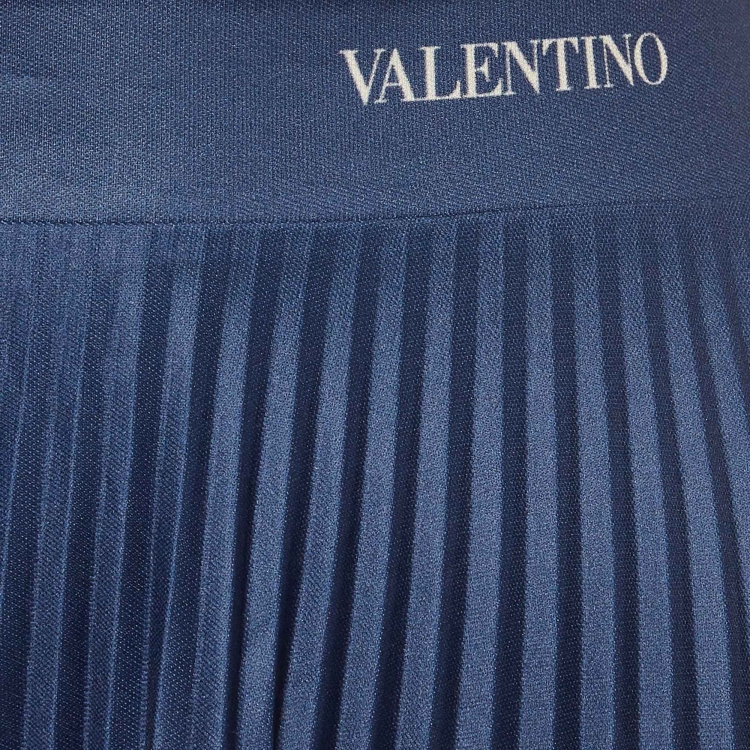 Pre Owned Valentino Navy Blue Logo Print Jersey Plisse Midi Skirt M