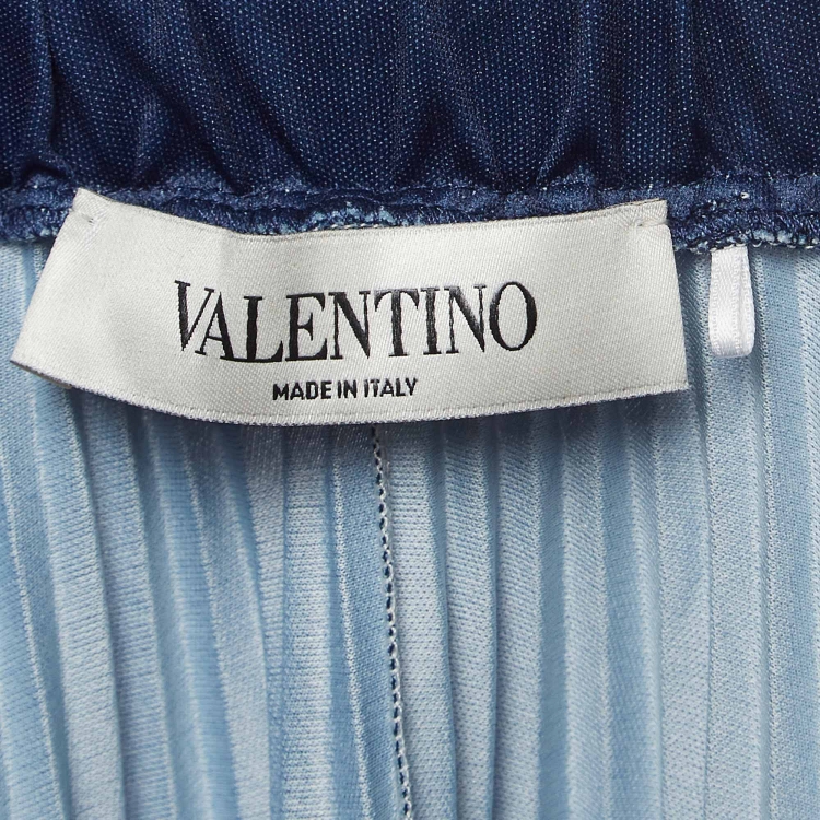 Pre Owned Valentino Navy Blue Logo Print Jersey Plisse Midi Skirt M