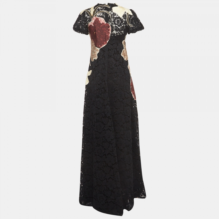 Pre Owned Valentino Black Floral Applique Lace  Maxi Dress M