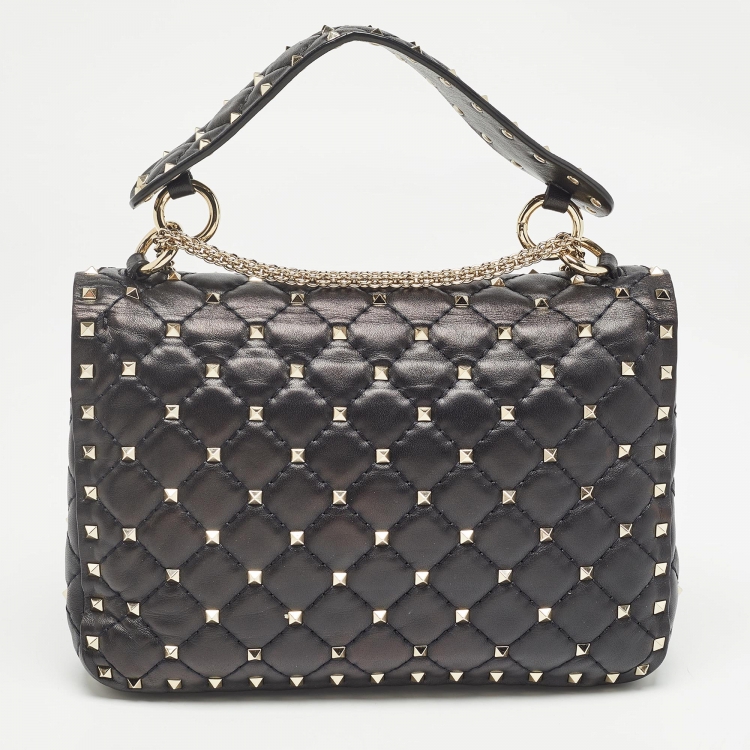 Pre Owned Valentino Black Quilted Leather Medium Rockstud Spike Top Handle Bag