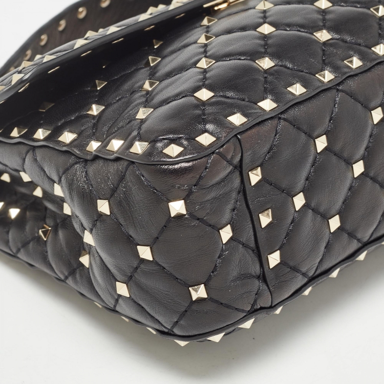 Pre Owned Valentino Black Quilted Leather Medium Rockstud Spike Top Handle Bag