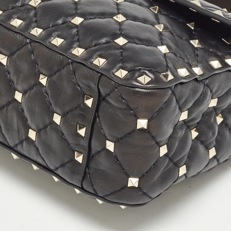 Pre Owned Valentino Black Quilted Leather Medium Rockstud Spike Top Handle Bag