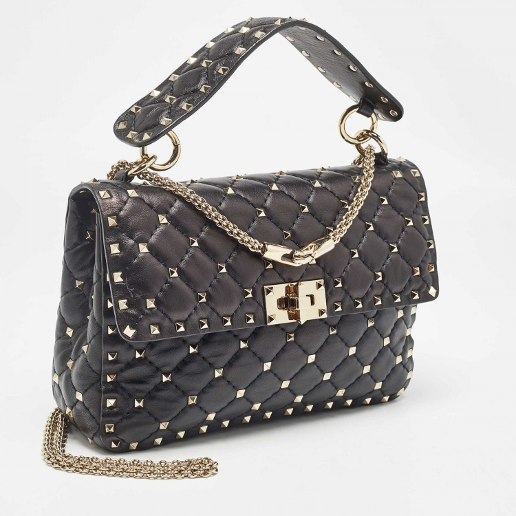 Pre Owned Valentino Black Quilted Leather Medium Rockstud Spike Top Handle Bag
