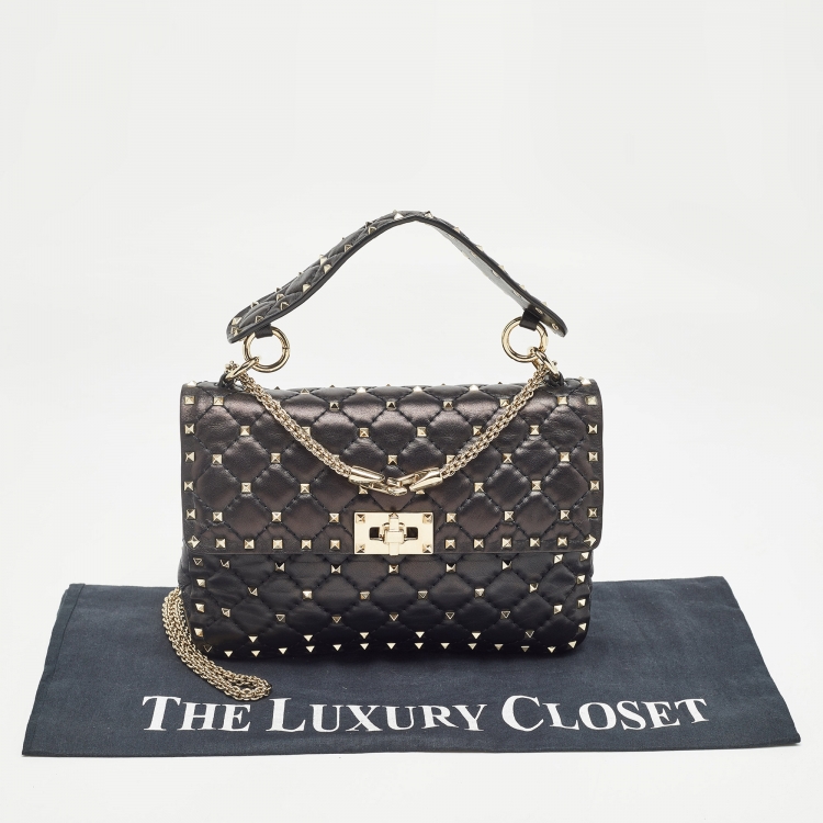 Pre Owned Valentino Black Quilted Leather Medium Rockstud Spike Top Handle Bag