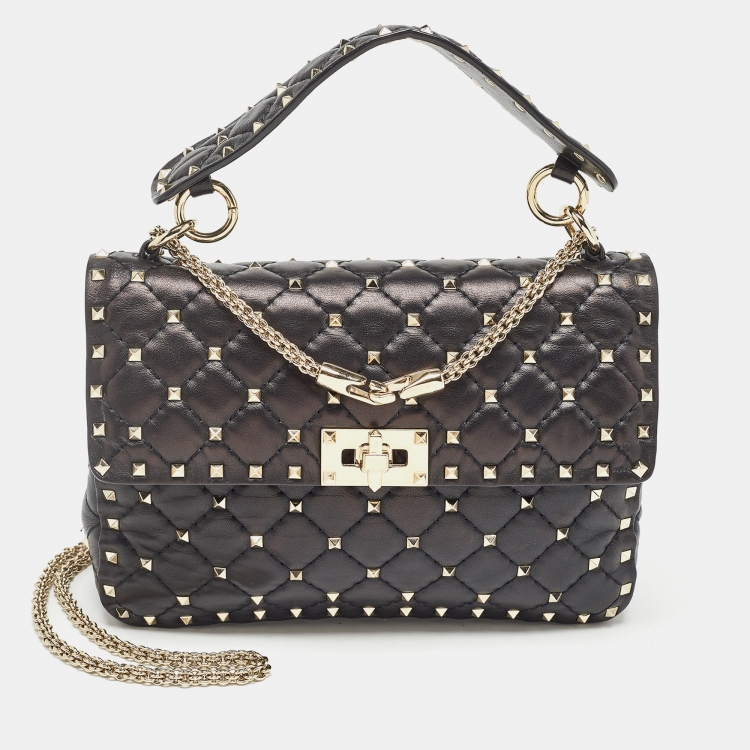 Pre Owned Valentino Black Quilted Leather Medium Rockstud Spike Top Handle Bag