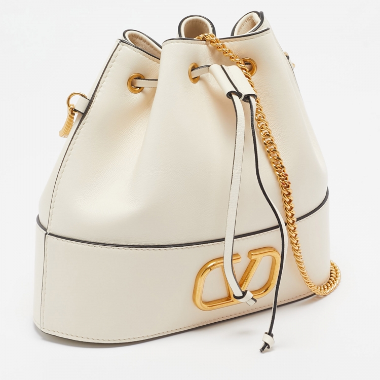 Pre Owned Valentino Off White Leather VLogo Bucket Bag