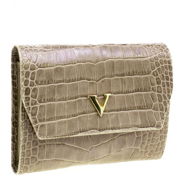 Pre Owned Valentino Beige Croc Embossed Leather Clutch