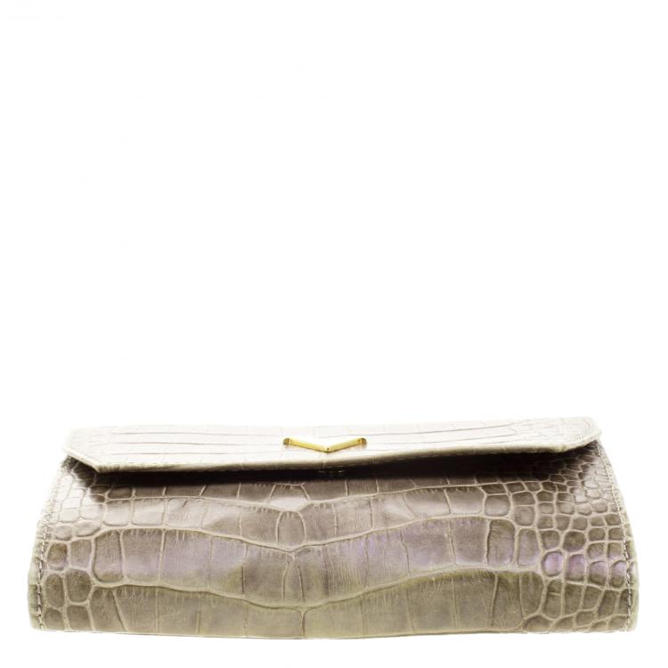 Pre Owned Valentino Beige Croc Embossed Leather Clutch
