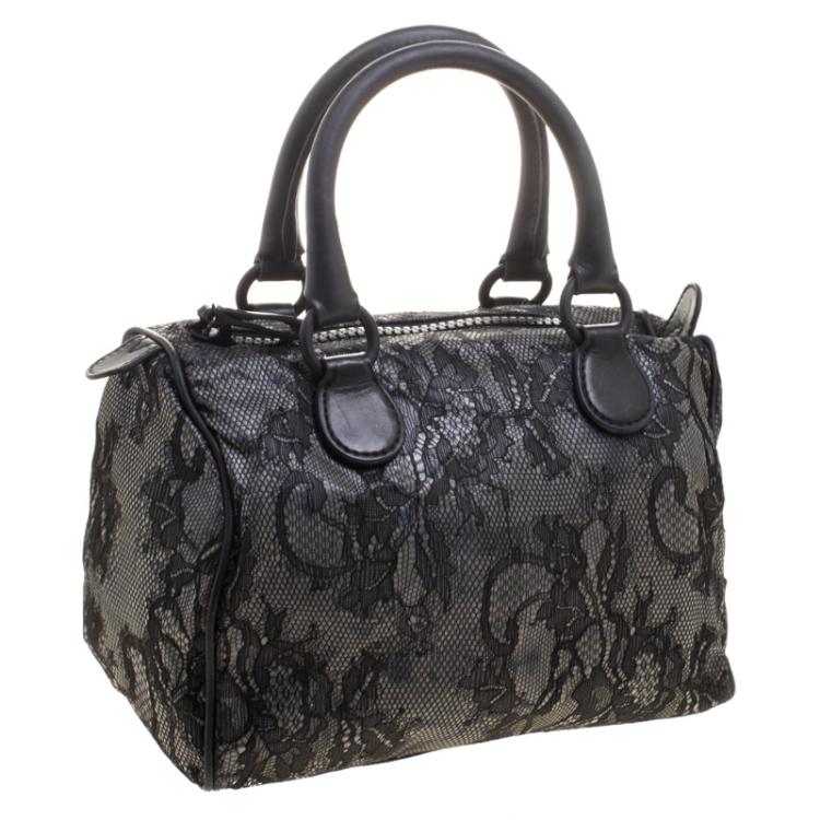 Pre Owned Valentino Black Lace and Leather Small Boston Bag