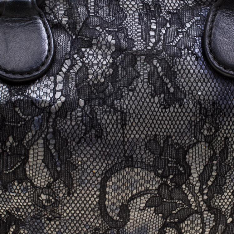 Pre Owned Valentino Black Lace and Leather Small Boston Bag