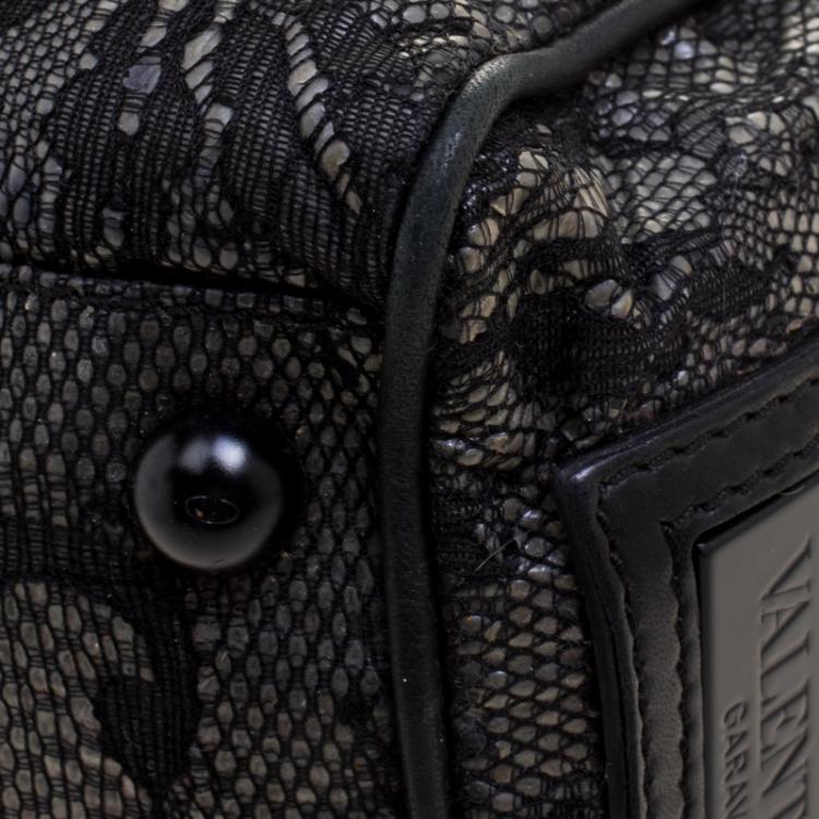 Pre Owned Valentino Black Lace and Leather Small Boston Bag