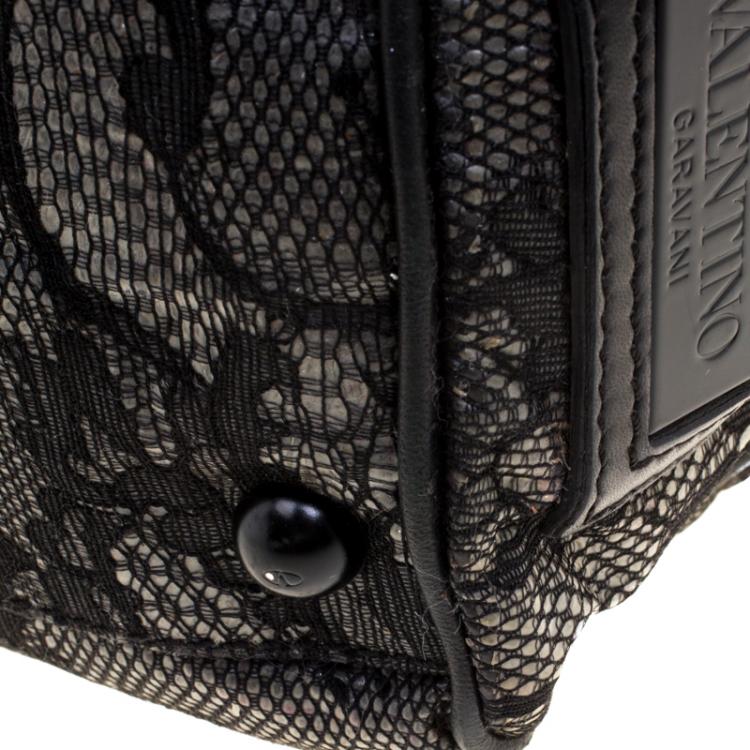 Pre Owned Valentino Black Lace and Leather Small Boston Bag