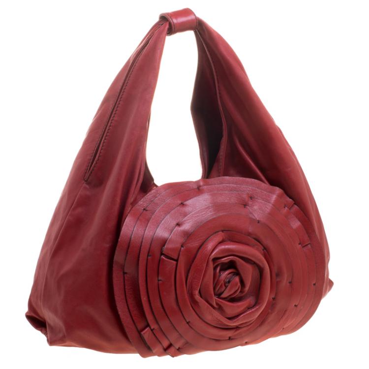 Pre Owned Valentino Red Leather Large Petale Rose Hobo 