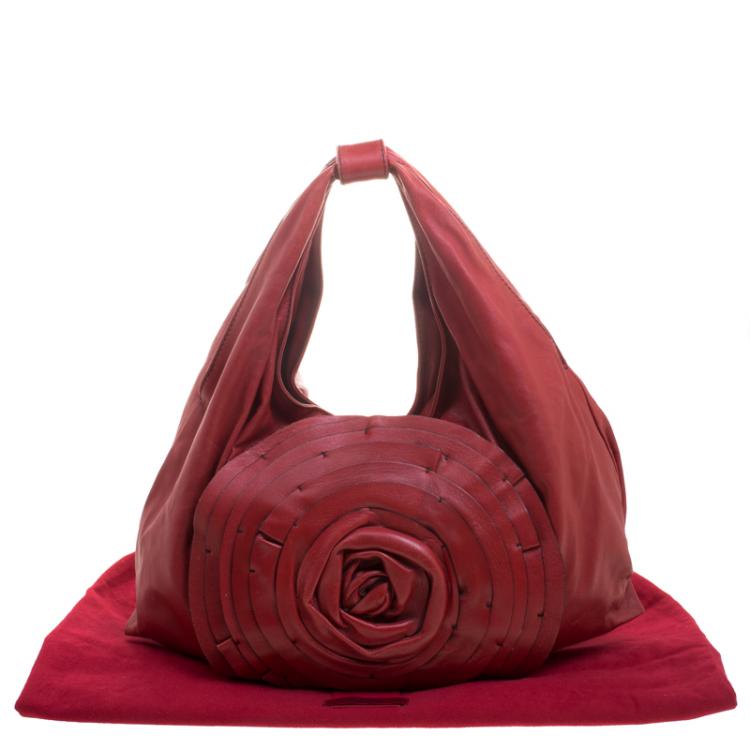 Pre Owned Valentino Red Leather Large Petale Rose Hobo 
