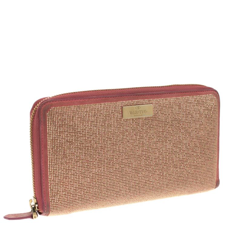 Pre Owned Valentino Pink Suede Shimmering Zip Around Continental Wallet 