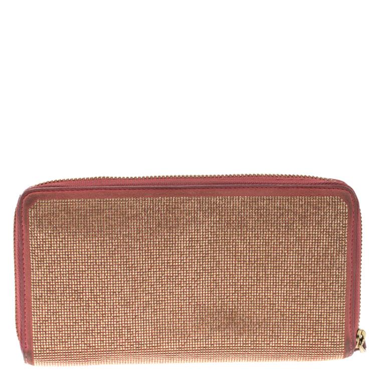 Pre Owned Valentino Pink Suede Shimmering Zip Around Continental Wallet 