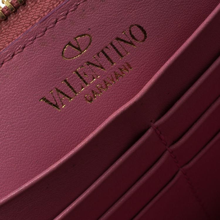 Pre Owned Valentino Pink Suede Shimmering Zip Around Continental Wallet 