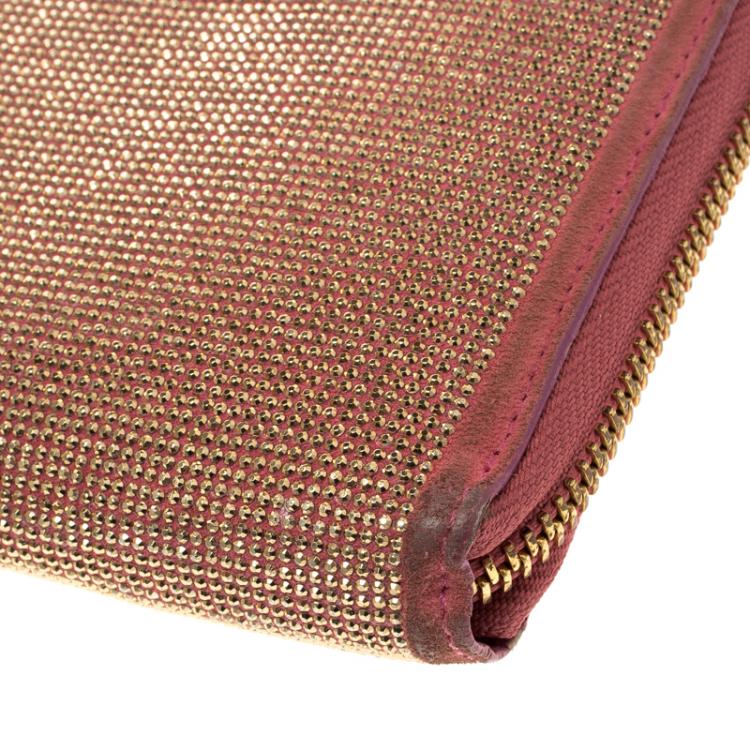Pre Owned Valentino Pink Suede Shimmering Zip Around Continental Wallet 