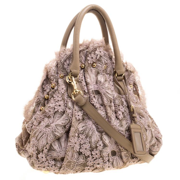 Pre Owned Valentino Pink/Beige Lace and Leather Hobo