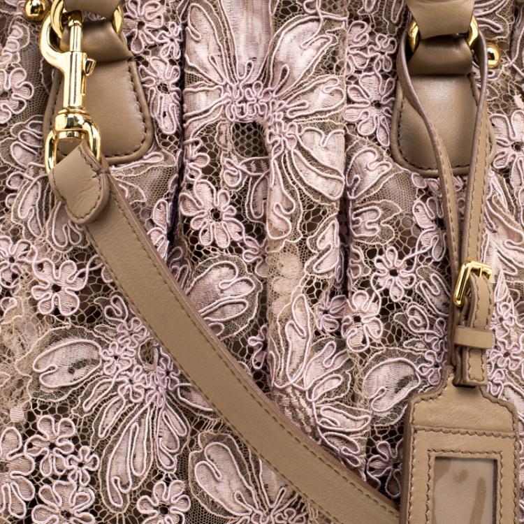 Pre Owned Valentino Pink/Beige Lace and Leather Hobo