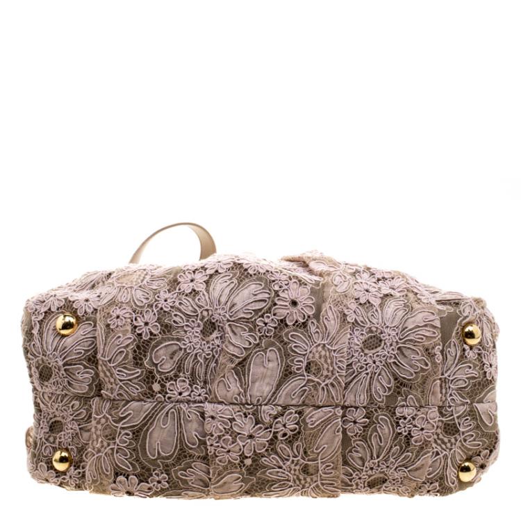 Pre Owned Valentino Pink/Beige Lace and Leather Hobo