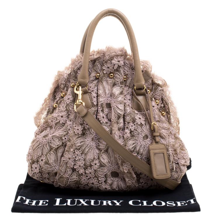 Pre Owned Valentino Pink/Beige Lace and Leather Hobo