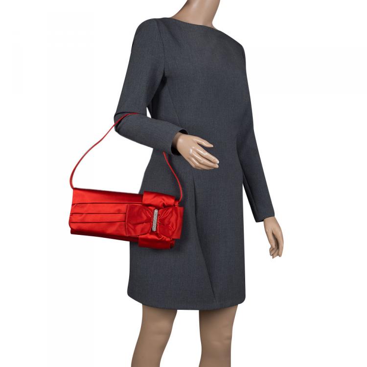 Pre Owned Valentino Red Satin Crystal Embellished Bow Clutch