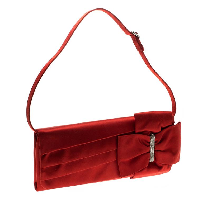 Pre Owned Valentino Red Satin Crystal Embellished Bow Clutch