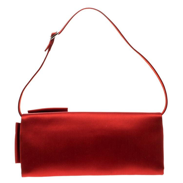 Pre Owned Valentino Red Satin Crystal Embellished Bow Clutch