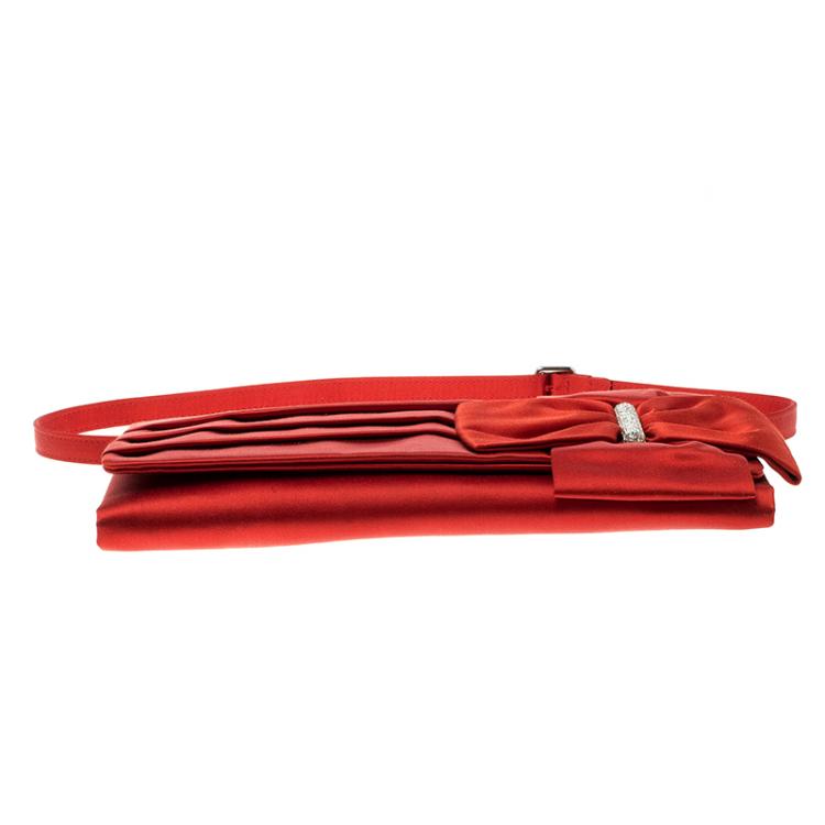 Pre Owned Valentino Red Satin Crystal Embellished Bow Clutch