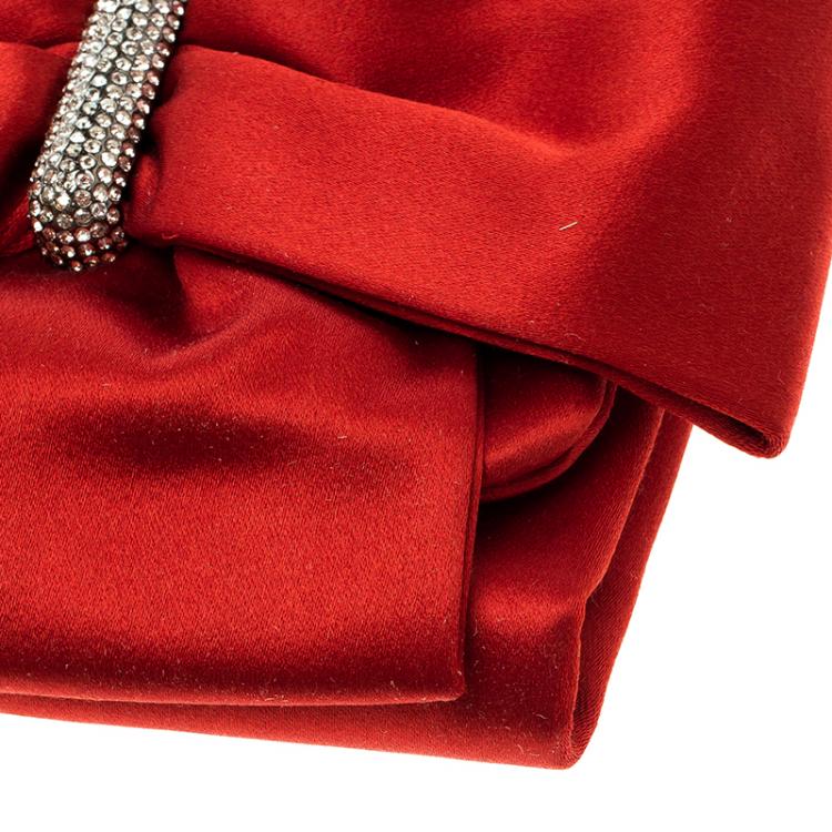 Pre Owned Valentino Red Satin Crystal Embellished Bow Clutch