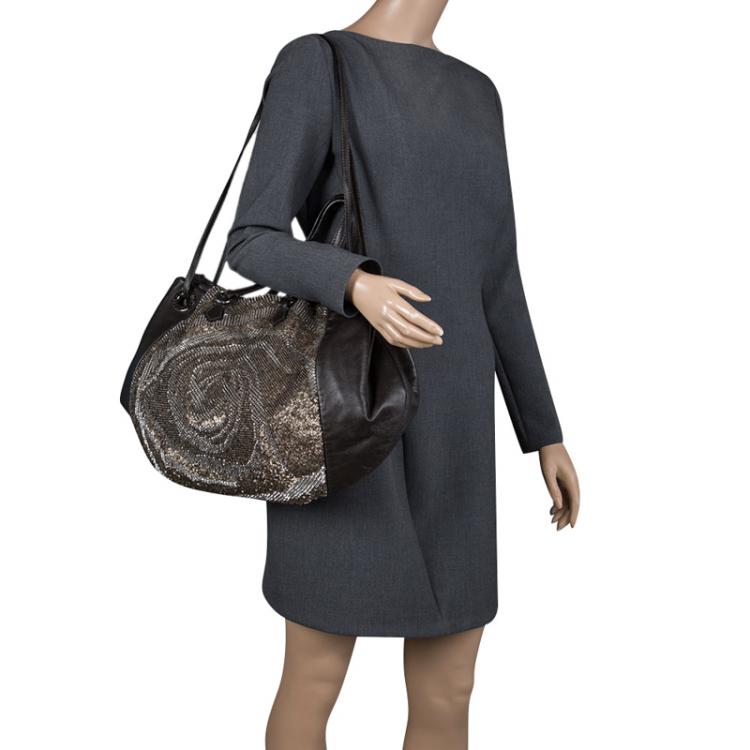 Pre Owned Valentino Black Leather Sequin Hobo