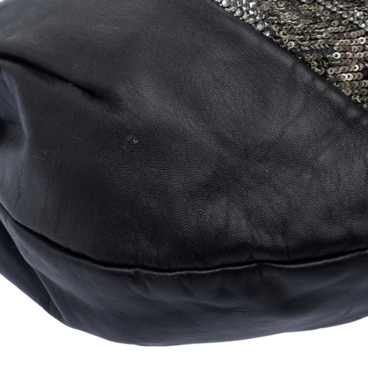 Pre Owned Valentino Black Leather Sequin Hobo