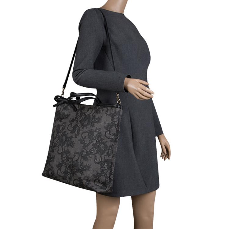 Pre Owned Valentino Black Lace Print Coated Canvas Tote
